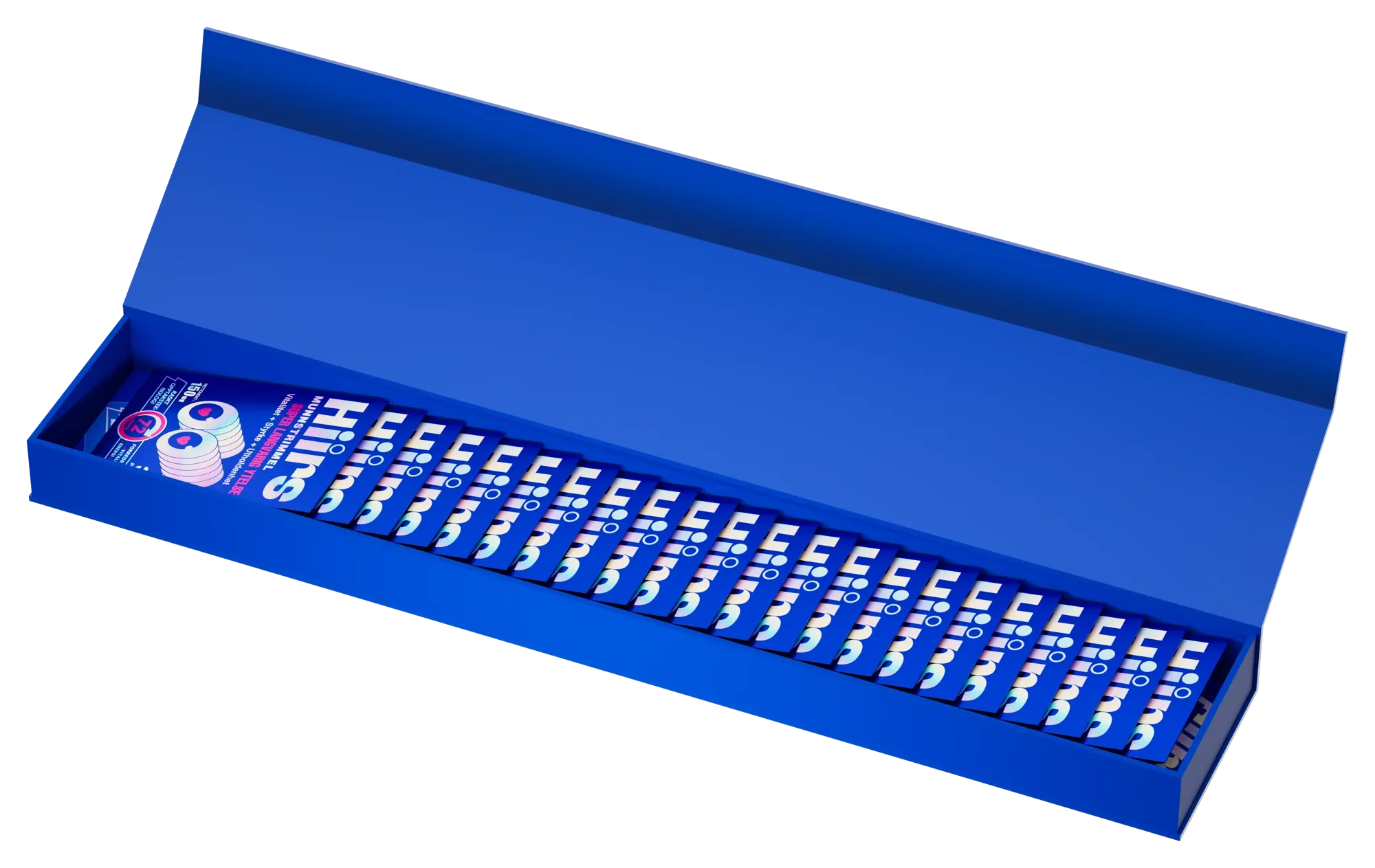 HIIRS display box open with 20 sachets standing in a row