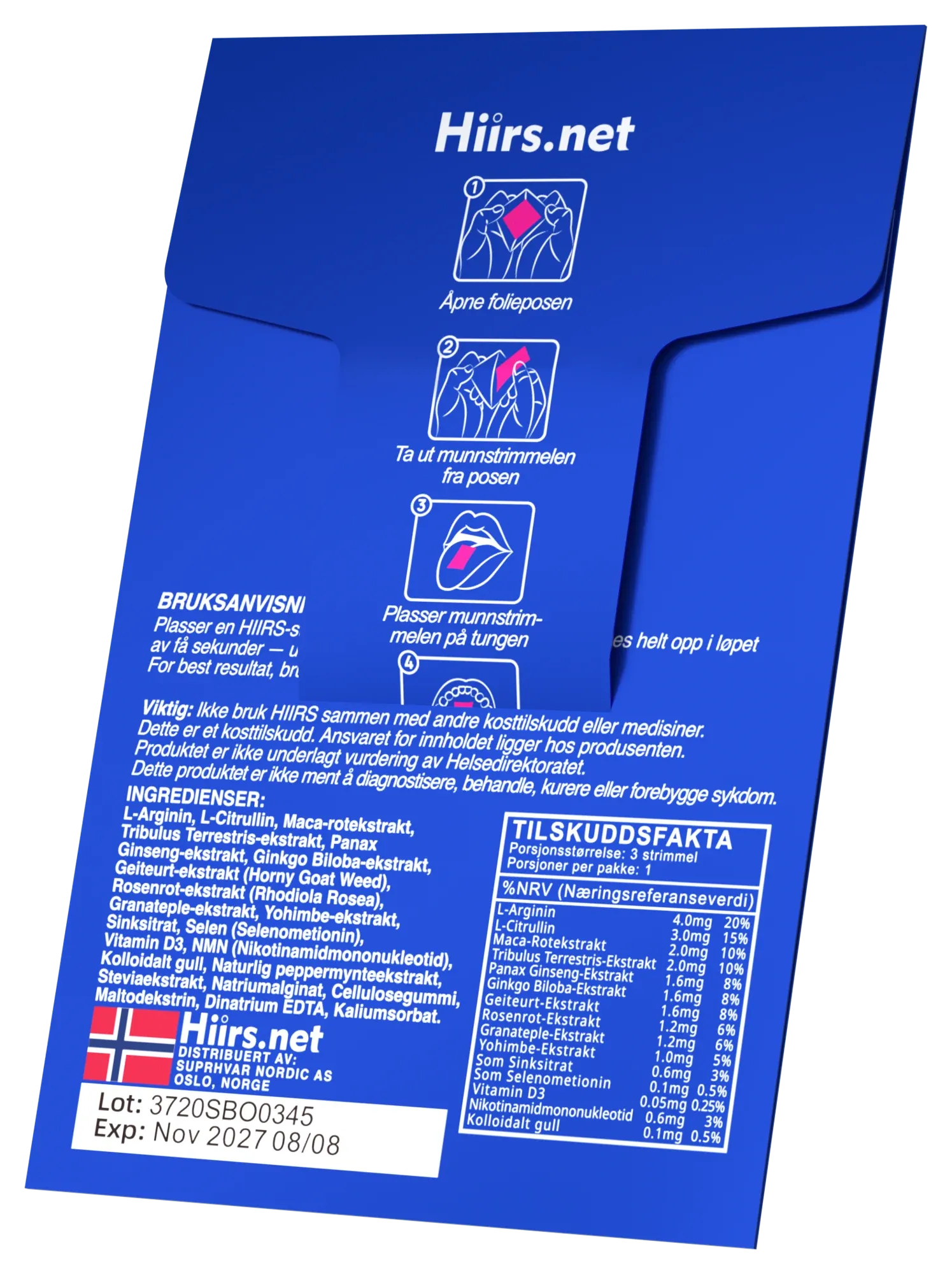 Back of the HIIRS 3-strip sachet: directions, warnings, supplement facts, lot and expiry
