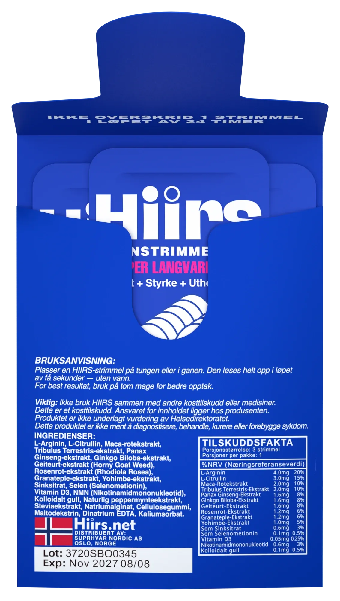 Back of the HIIRS sachet: directions, warnings and supplement facts in Norwegian